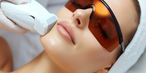 Close up of young woman face getting aesthetic face treatment in beauty salon. Cosmetology concept