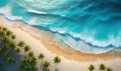 A breathtaking aerial view of a tropical beach paradise. Lush, green palm trees sway gently in the breeze along the shoreline, casting cooling shadows on the pristine white sand
