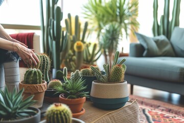 modern living room filled with cacti, person rearranging pots