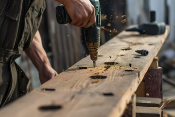 worker drilling holes into a wooden board - obrazy, fototapety, plakaty