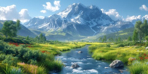 A River Runs Through It A Serene Scenery of a Mountain Range Generative AI