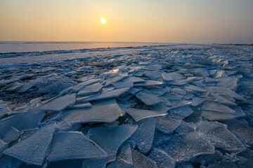 Frozen ice floes in the Kapchagay reservoir in the Almaty region of Kazakhstan.