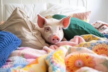 mini pig snuggled in bed with pillows and blankets - obrazy, fototapety, plakaty