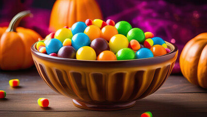 Halloween Treats: Round Candies in Bowl on Wooden Background