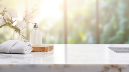 Fototapeta na wymiar Sunny Bathroom Countertop with Fresh Flowers and Elegant Decor, Enhancing the Fresh, Clean Aesthetic of Modern Interiors