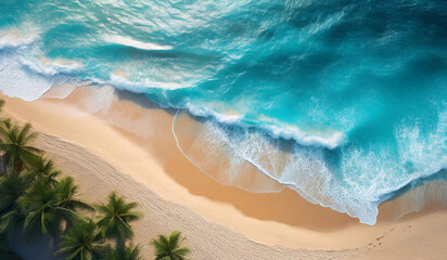 A breathtaking aerial view of a tropical beach paradise. Lush, green palm trees sway gently in the breeze along the shoreline, casting cooling shadows on the pristine white sand