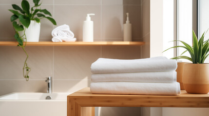 Fototapeta na wymiar Spa-Inspired Bathroom with Plush White Towels on Wooden Stool, Green Plants Adding Freshness and Serenity