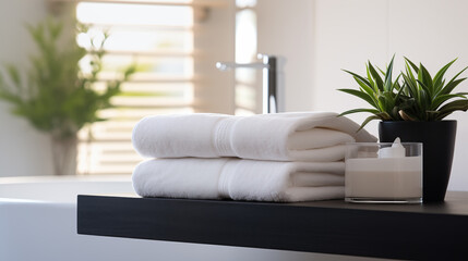 Contemporary Bathroom with Fluffy Towels, Black Planter, and Minimalist Aesthetics Perfect for Lifestyle Marketing