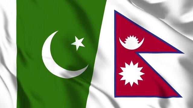 Pakistan and Nepal Flag waving in loop and seamless animation. Nepali vs Pakistani Flag background. Pakistan and Nepal Flag for relation, political or military conflict, Peace, Unity and economy.