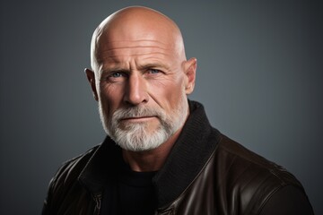 Portrait of a senior man in a leather jacket on a gray background.