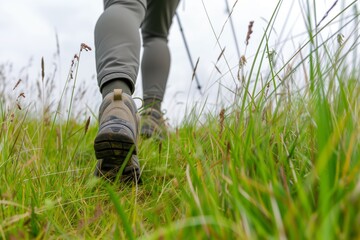 nordic walker stepping through tall grass