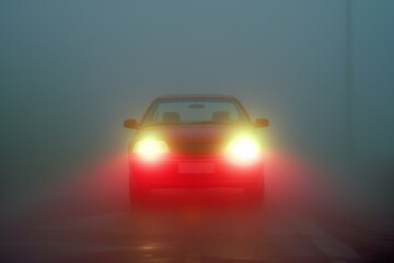Fototapeta premium red car with bright headlights piercing through thick morning fog