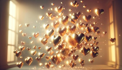 Valentine's Day Concept - Golden hearts floating in te air
