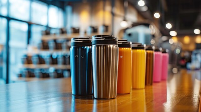 Assorted stainless steel thermal bottles displayed in store