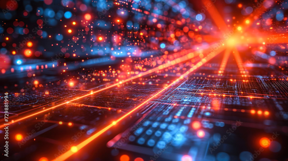 Poster illuminated data stream on circuit board, representing high-speed data transfer and internet connect
