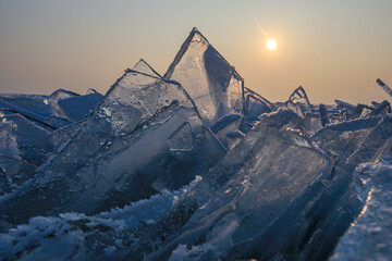 Frozen ice floes in the Kapchagay reservoir in the Almaty region of Kazakhstan.