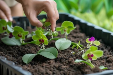 person planting orchid flask seedlings in soil