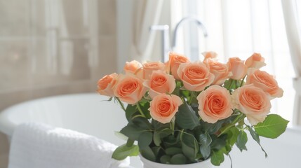 Bouquet of peach roses in a white vase on a table, bathed in soft natural light from a nearby window, perfect for interior decoration themes or floral arrangements