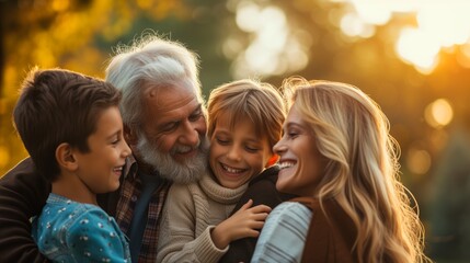 Fototapeta premium Joyful multi-generational family embracing outdoors at sunset, smiling and enjoying time together, capturing the essence of family bonds and happy moments