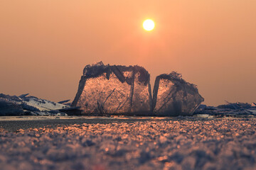 Frozen ice floes in the Kapchagay reservoir in the Almaty region of Kazakhstan.