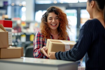female at the post office counter, receiving a parcel happily