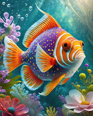 blue tang surgeonfish, clownfish with orange stripes are swimming amidst the coral formations. 