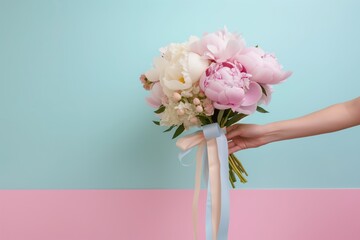 person tying peony bouquet with a ribbon, pastel backdrop