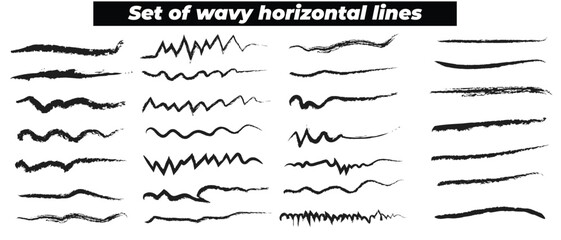 Set of wavy horizontal lines. Marker hand-drawn line border set and scribble design elements. Lines hand drawn paint brush stroke. Vector set isolated on white. Hand drawn scribble .Black ink 2 3 2