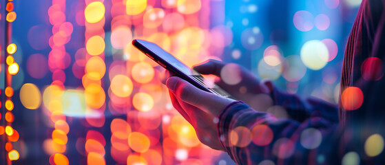 A man holding a mobile phone in his hands, close up image of a person looking at his smart phone. Colorful blurred futuristic bright background, bokeh effect of city lights. Copyspace for your text.