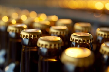 Fototapeta na wymiar closeup of a row of golden cap bottles moving
