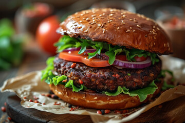 A vegan black bean burger, providing a plant-based and protein-rich alternative to meat. Concept of sustainable and health-conscious eating. Generative Ai.