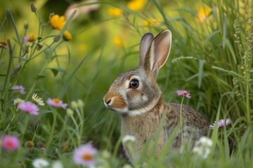 rabbit peering out from a hole amidst wildflowers