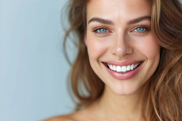 smiling woman with clean teeth and teeth whitening product in studio stock photo