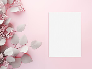 Blank invitation card mockup with leaves on on the pink background. Top view
