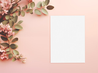 Blank wedding invitation card mockup with flowers and leaves on the pink background. Top view
