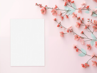 Blank invitation card mockup with flowers on the pink background. Top view
