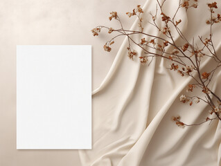 Mockup blank paper invitation card with leaves and beige fabric, top view
