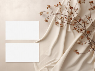 Mockup blank paper cards with leaves and beige fabric. Top view
