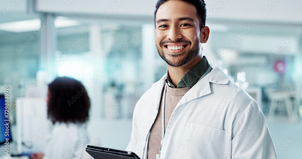 Poster man, face and scientist with tablet in laboratory and online research of genetics specialist in heal