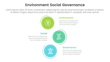 esg environmental social and governance infographic 3 point stage template with vertical stack circle direction for slide presentation - obrazy, fototapety, plakaty