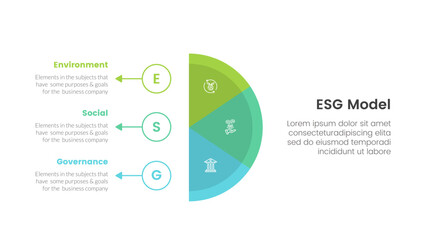 esg environmental social and governance infographic 3 point stage template with vertical half circle with outline circle and arrow for slide presentation