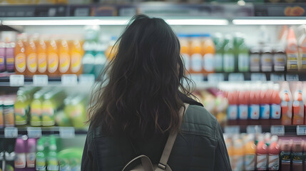 Woman chooses a drink while standing at a store counter