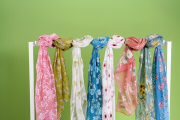 flowery scarves displayed on a white rack against a green backdrop