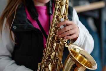 preteen with saxophone, fingers on the keys