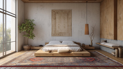 A simple bedroom with a platform bed and a large rug.