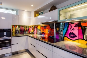 panoramic view of a kitchen with a pop art inspired backsplash