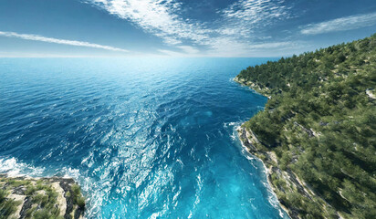aerial view of the sea and powerful blue wave crashes against a rocky coastline