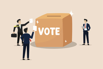 Voting, poll or employee feedback questionnaire, opinion or democracy, politic choice, referendum concept, diverse people hold voting paper checkmark putting in vote box.