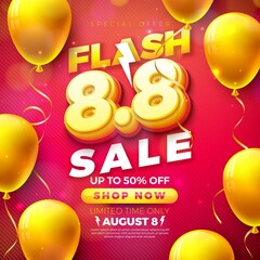 8 August Shopping Day Flash Sale Design With 3D 8 8 Number Party Balloon Red Background