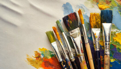 Obraz premium Closeup of a group of paint brushes with tempera painting on a white sheet of paper with copy space. Generative Ai.